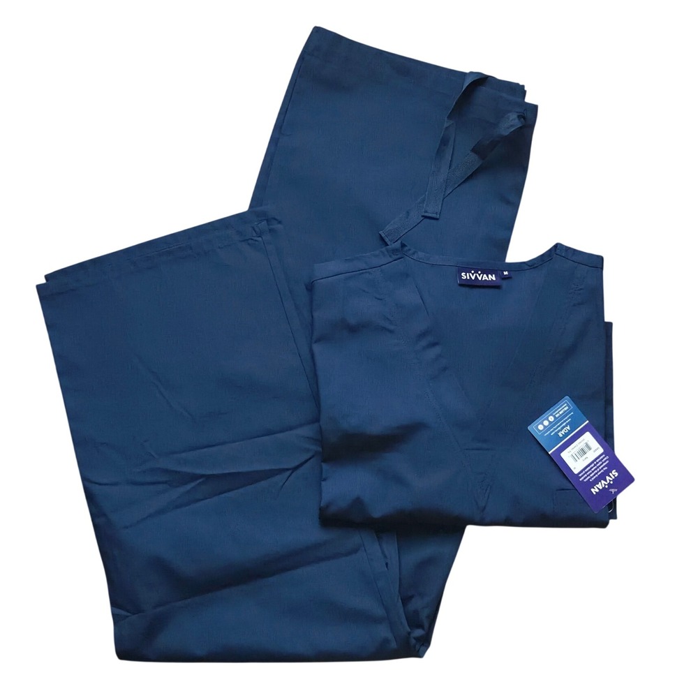 Sivvan by Adar Unisex Scrub Set Navy Blue V-Neck Top Drawstring Pants Size M NWT